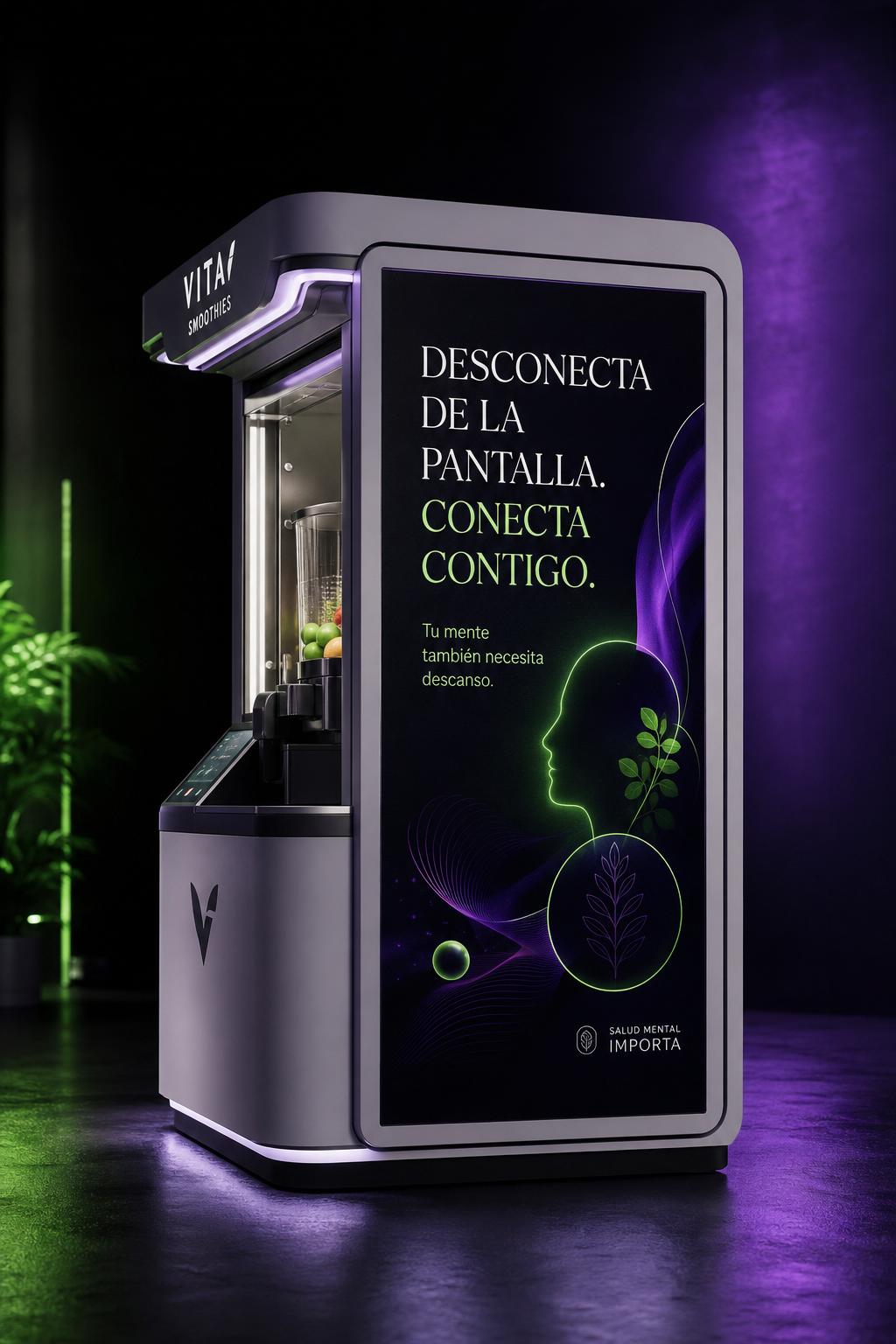 Pantalla LED lateral del kiosko mostrando campaña de salud mental